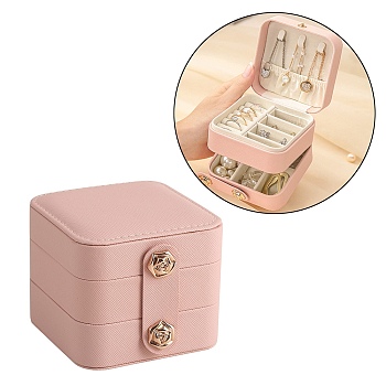 2-Tier Square PU Leather Jewelry Set Organizer Box, Portable Travel Jewelry Case for Earrings, Rings, Necklaces, Pink, 9.5x9.5x8cm