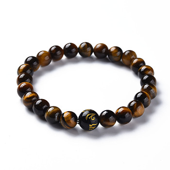 Natural Tiger Eye Mala Bead Bracelets, with Glass Beads, Round with Om Mani Padme Hum, Buddhist Jewelry, Stretch Bracelets, Inner Diameter: 2-1/8 inch(5.5cm)