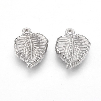 304 Stainless Steel Pendants, Leaf, Stainless Steel Color, 15x12x3.5mm, Hole: 1.5mm