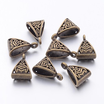 Tibetan Style Alloy Tube Bails, Loop Bails, Bail Beads, Triangle, Cadmium Free & Nickel Free & Lead Free, Antique Bronze, 15.5x10x7mm, Hole: 1.5mm.