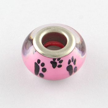 Large Hole Dog Paw Prints Pattern Resin European Beads, with Silver Color Plated Brass Double Cores, Rondelle, Hot Pink, 14x9~10mm, Hole: 5mm