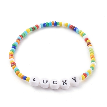 Glass Seed Beads Stretch Bracelets, with Acrylic Letter Beads, Word LUCKY, Colorful, Inner Diameter: 2-1/4 inch(5.7cm)