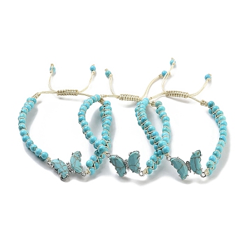 Natural Crackle Turquoise & Synthetic Turquoise Braided Round Bead Bracelets, Adjustable Brass Gems Butterfly Bracelets for Women, Inner Diameter: 2-1/8~3-1/4 inch(5.5~8.1cm)