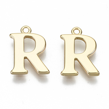 Brass Charms, Nickel Free, Letter, Real 18K Gold Plated, Letter.R, R: 14x10x1mm, Hole: 1.2mm