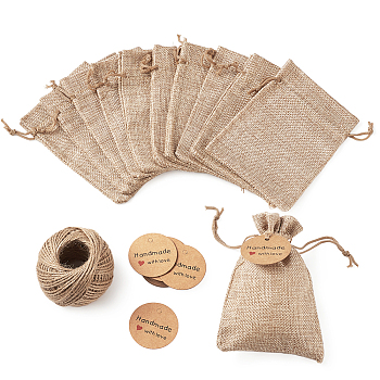 Burlap Packing Pouches, Drawstring Bags, with Jewelry Display Kraft Paper Price Tags and Jute Twine, for Jewelry Making, BurlyWood, 13.5x9.5cm