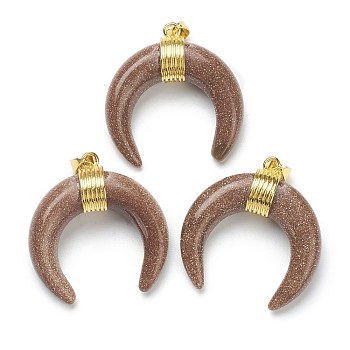 Synthetic Goldstone Pendants, with Golden Brass Findings, Double Horn/Crescent Moon, 31~33x30x10mm, Hole: 6x4mm