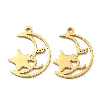 304 Stainless Steel Charms, Moon with Star Charm, Real 14K Gold Plated, 15x11x1mm, Hole: 1mm