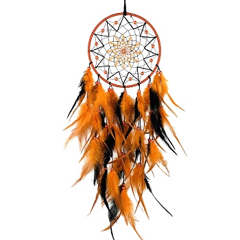 Woven Net/Web with Feather Pendant Decoration, Hanging Decorations, Orange, 710mm