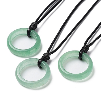 Natural Green Aventurine Ring Pendant Necklace with Waxed Cords, 29.53~29.92 inch(75~76cm), Pendant: 26x6mm