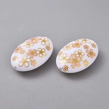 Printed Resin Beads, Frosted, Oval with Sakura Pattern, White, 28.5x19.5x9.5mm, Hole: 1.5mm