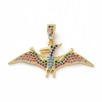 Brass Micro Pave Cubic Zirconia Pendants, Real 18K Gold Plated, Dinosaur Charms, Colorful, 18x39x3mm, Hole: 5.5x3mm