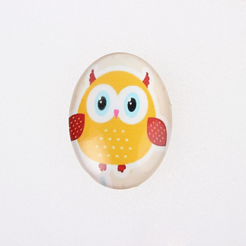 Cartoon Owl Printed Glass Oval Cabochons, Gold, 30x20x6mm