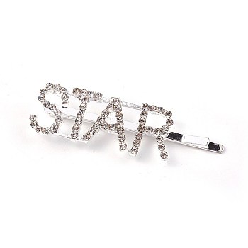 Alloy Rhinestone Hair Bobby Pins, with Iron Findings, Word STAR, Crystal, Platinum, 64x18.5x7.5mm