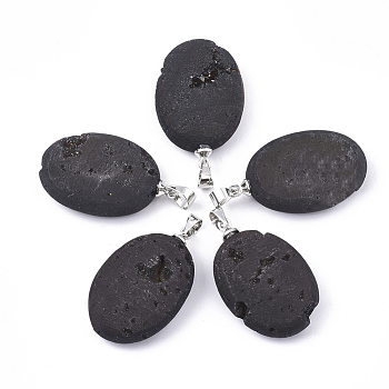 Electroplate Natural Druzy Geode Agate Pendants, with Brass Findings, Oval, Platinum, Black, 22.5x13.5x6.5mm, Hole: 4.5x4mm