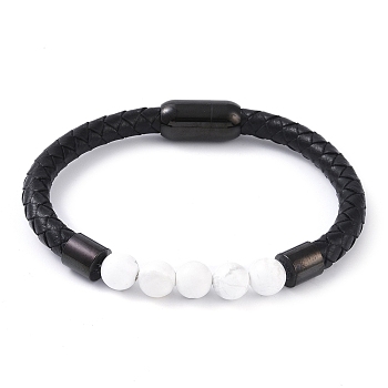 Round Natural Howlite Bead Bracelets, Braided Leather Cord Bracelets with Black Tone 304 Stainless Steel Magnetic Clasps, for Men Women, 8 inch(20.3cm), 6~10mm
