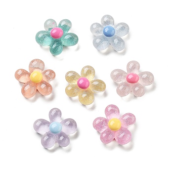 Translucent Resin Decoden Cabochons, 5-Petal Flower with Glitter Powder, Mixed Color, 21x20x8mm