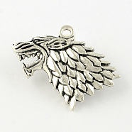 Wolf Tibetan Style Alloy Pendants, Lead Free & Cadmium Free, Antique Silver, 27x44x5mm, Hole: 3mm(X-TIBEP-S295-64AS-RS)