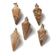 Natural Picture Jasper Pendants, Cone Charms with Rack Plating Platinum Plated Brass Snap on Bails, 36~36.5x15~15.5mm, Hole: 5~6.5x2mm(G-Z055-02P-18)