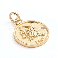 Brass Micro Pave Cubic Zirconia Pendants, with Jump Ring, Flat Round with Twelve Constellations, Clear, Golden, Leo, 18x14.5x1.5mm, Hole: 3mm(ZIRC-E164-34E-G)