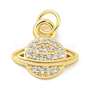 Rack Plating Brass Micro Pave Clear Cubic Zirconia Pendants, Long-Lasting Plated, with Jump Rings, Lead Free & Cadmium Free, Planet, Real 18K Gold Plated, 12x13x2mm, Hole: 4mm(KK-B093-20G)