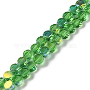 Transparent Electroplate Glass Beads Strands, AB Color, Faceted Flat Round, Lime Green, 6x3mm, Hole: 1.2mm, about 98~100pcs/strand, 20.08''~20.87''(51~53cm)(GLAA-Q099-I01-03)
