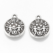 Tibetan Style Alloy Charms, Flat Round with Constellation, Cadmium Free & Lead Free,, Gemini, 14.5x12x2mm, Hole: 1.4mm, about 920pcs/1000g(TIBE-Q084-05AS-LF)