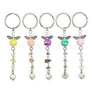Gemstone Chip & Alloy Heart Pendant Keychain with Acrylic Beads, for Car Key Bag Ornament, Mixed Color, 10.4~10.5cm(KEYC-JKC00538)