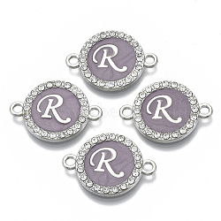 Alloy Enamel Links Connectors, with Crystal Rhinestones, Flat Round with Letter, Silver Color Plated, Letter.R, 22x16x2mm, Hole: 1.8mm(ENAM-TAC0003-01S-01R)