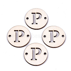 Unfinished Natural Poplar Wood Links Connectors, Laser Cut, Flat Round with Word, Letter.P, 29.5x2.5mm, Hole: 2.5mm(WOOD-S045-140B-01P)