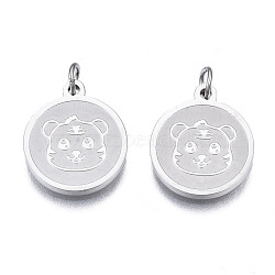 Non-Tarnish Ion Plating(IP) 304 Stainless Steel Charms, with Jump Rings, Flat Round with Tiger, Stainless Steel Color, 14x12x1.5mm, Jump Ring: 4x0.5mm, 2.5mm inner diameter(STAS-N097-224)