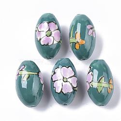 Handmade Porcelain Ceramic Beads, Famille Rose Style, Oval with Flower, Teal, 26~30x16~18.5mm, Hole: 1.8~2.5mm(X-PORC-N004-111A)