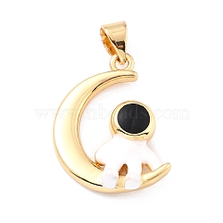 Brass Enamel Pendants, Long-Lasting Plated, Real 18K Gold Plated, Moon with Astronaut, Black & White, Mixed Color, 21x17x4mm, Hole: 3x5mm(KK-K250-24G)