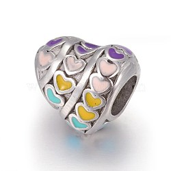 Retro 304 Stainless Steel European Beads, with Enamel, Large Hole Beads, Heart, Colorful, Stainless Steel Color, 11x12x7.5mm, Hole: 4.5mm(OPDL-L013-19AS)
