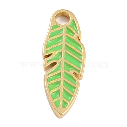 Golden Plated Brass Enamel Pendants, Long-Lasting Plated, Feather, Spring Green, 23.5x8.8x1.8mm, Hole: 2.7mm(KK-P197-15F-G)