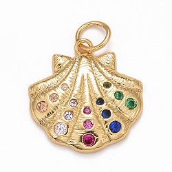 Rack Plating Brass Micro Pave Colorful Cubic Zirconia Pendants, Cadmium Free & Nickel Free & Lead Free, Long-Lasting Plated, Shell, Real 18K Gold Plated, 16.5x16x2.5mm, Jump Ring: 5x0.5mm, Inner Diameter: 3.5mm(KK-M229-13G)