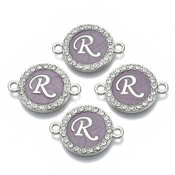 Alloy Enamel Links Connectors, with Crystal Rhinestones, Flat Round with Letter, Silver Color Plated, Letter.R, 22x16x2mm, Hole: 1.8mm