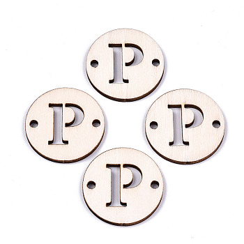 Unfinished Natural Poplar Wood Links Connectors, Laser Cut, Flat Round with Word, Letter.P, 29.5x2.5mm, Hole: 2.5mm