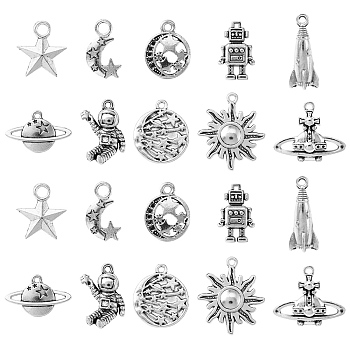 100Pcs 10 Style Tibetan Style Alloy Pendants, Moon & Star & Spaceman, Cadmium Free & Lead Free, Antique Silver, 14~22x9~19x1~4mm, Hole: 3mm, 10pcs/style
