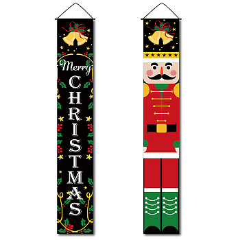 Christmas Hanging Polyester Sign for Home Office Front Door Porch Welcome Decorations, Rectangle with Word Christmas, Christmas Themed Pattern, 180x30cm, 2pcs/set