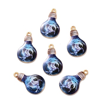 Alloy Enamel Pendants, Light Bulb with Unicorn Pattern, Dark Blue, 27x16.5x1.5mm, Hole: 1.8mm