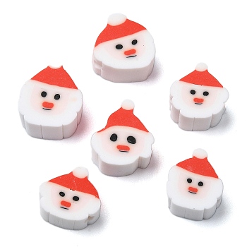 Christmas Theme Handmade Polymer Clay Beads, Flat Round with Santa Claus, Red, 10x8x4mm, Hole: 1.4mm