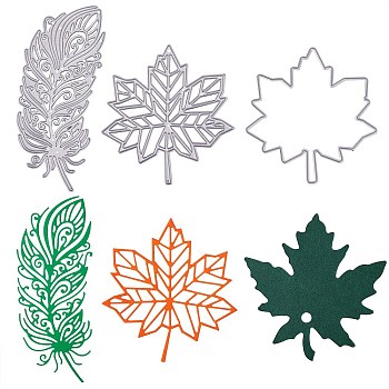 2Pcs 2 Style Carbon Steel Cutting Dies Stencils, for DIY Scrapbooking/Photo Album, Decorative Embossing DIY Paper Card, Feather and Maple Leaf, Matte Platinum Color, 1pc/style