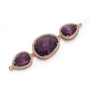 Brass Glass Links connectors, with Micro Pave Cubic Zirconia, teardrop, Golden, Purple, 69~70x18.5x6mm, Hole: 1.2mm