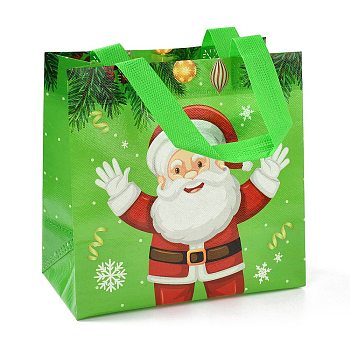 Christmas Theme Laminated Non-Woven Waterproof Bags, Heavy Duty Storage Reusable Shopping Bags, Rectangle with Handles, Lime, Santa Claus Pattern, 26.8x12.2x28.7cm