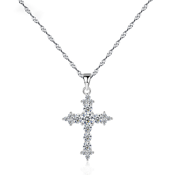 Elegant 925 Sterling Silver Clear Cubic Zirconia Cross Pendant Rope Chain Necklaces, Silver, 15.75 inch(40cm)