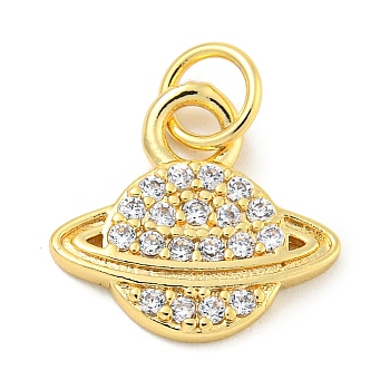 Rack Plating Brass Micro Pave Clear Cubic Zirconia Pendants, Long-Lasting Plated, with Jump Rings, Lead Free & Cadmium Free, Planet, Real 18K Gold Plated, 12x13x2mm, Hole: 4mm