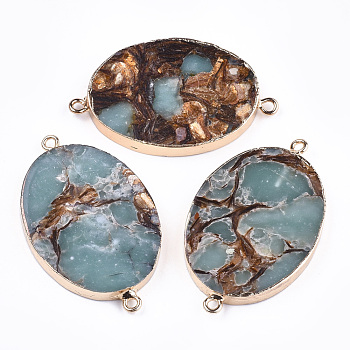 Assembled Bronzite and Aqua Terra Jasper Links connectors, with Iron Findings, Oval, Golden, 44~47x27~29x6mm, Hole: 2mm
