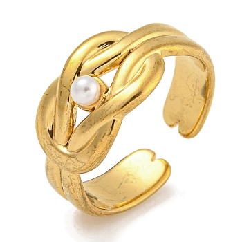 304 Stainless Steel Open Cuff Ring for Women, ABS Plastic Imitation Pearl Finger Rings, Golden, Inner diameter: Adjustable, 9mm