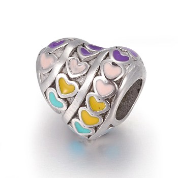 Retro 304 Stainless Steel European Beads, with Enamel, Large Hole Beads, Heart, Colorful, Stainless Steel Color, 11x12x7.5mm, Hole: 4.5mm