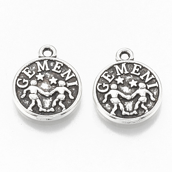 Tibetan Style Alloy Charms, Flat Round with Constellation, Cadmium Free & Lead Free,, Gemini, 14.5x12x2mm, Hole: 1.4mm, about 920pcs/1000g